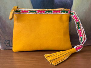 Colca Beaded Wristlet in Yellow Leather